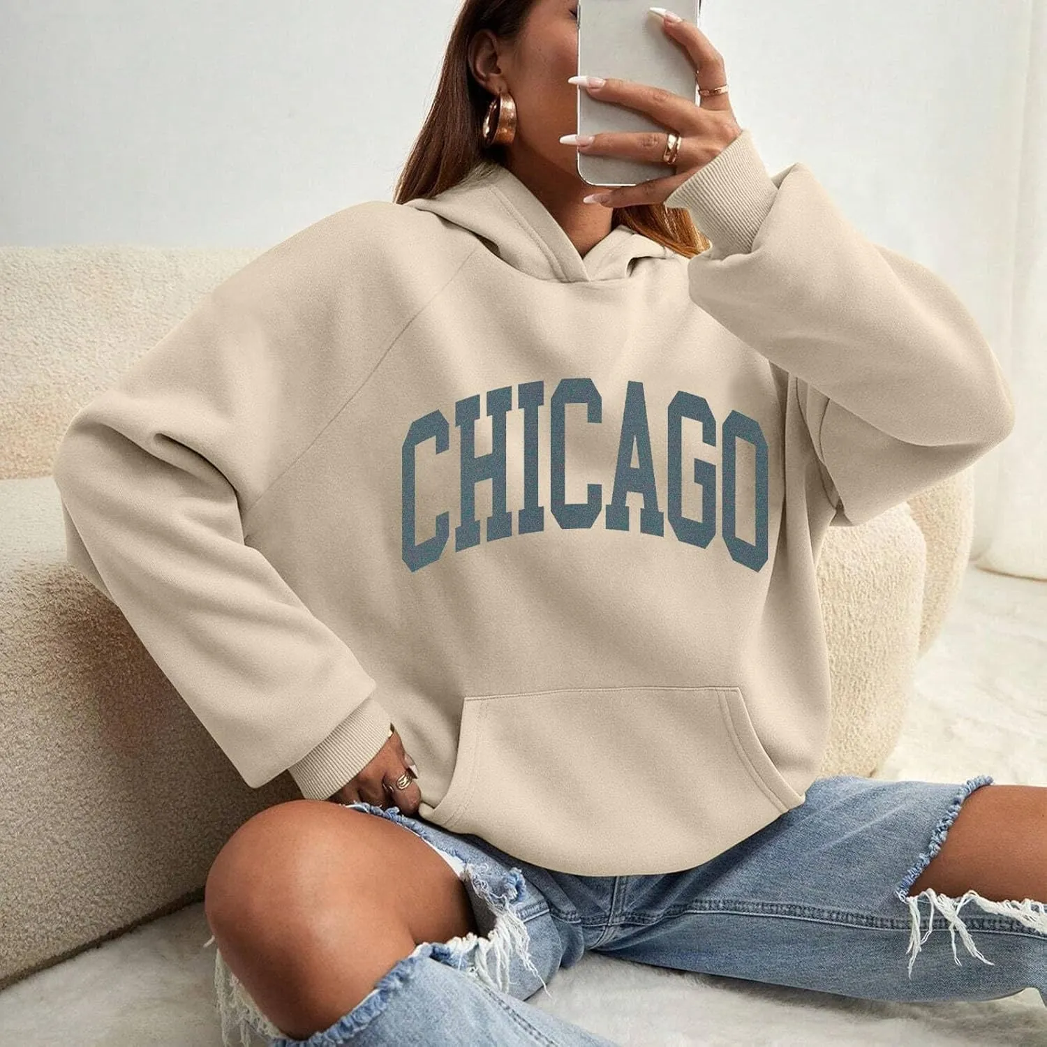 Chicago Hoodies for Women Cozy Sweatshirt Y2K Crewneck Long Sleeve Pullover Oversized Hoodie with Pockets