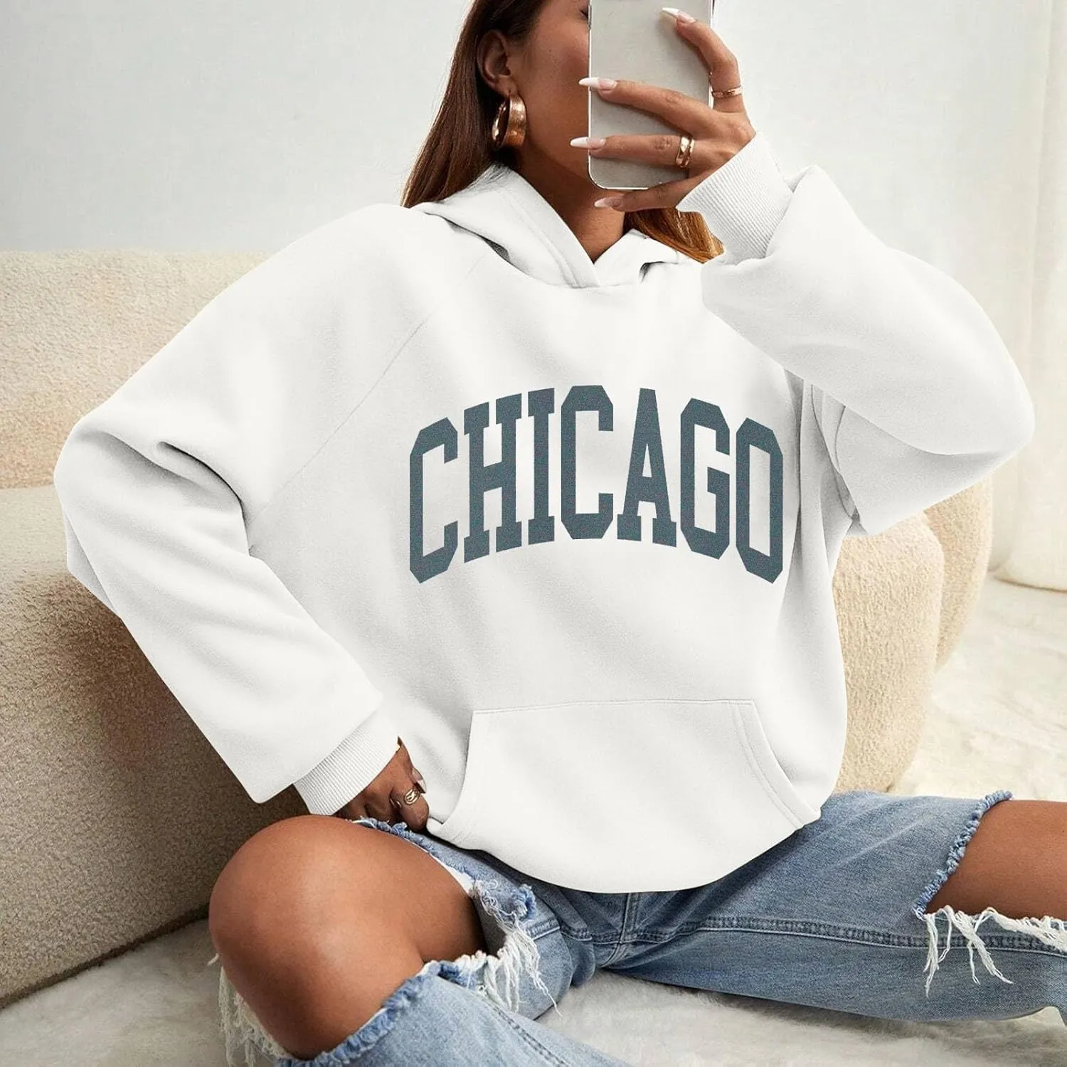 Chicago Hoodies for Women Cozy Sweatshirt Y2K Crewneck Long Sleeve Pullover Oversized Hoodie with Pockets