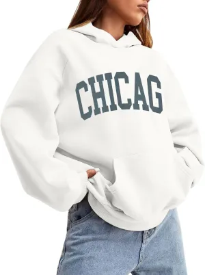 Chicago Hoodies for Women Cozy Sweatshirt Y2K Crewneck Long Sleeve Pullover Oversized Hoodie with Pockets