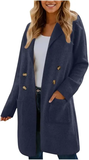 Coatigan for Women Wool Blend Pea Coats Double Breasted Oversized Blazer Knit Open Front Cardigan Sweater with Pocket