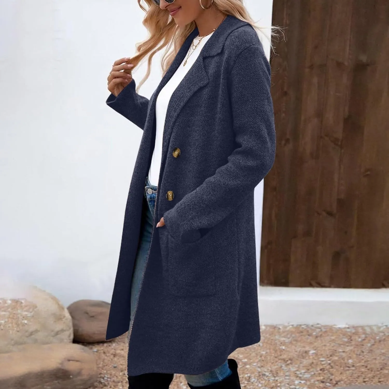 Coatigan for Women Wool Blend Pea Coats Double Breasted Oversized Blazer Knit Open Front Cardigan Sweater with Pocket
