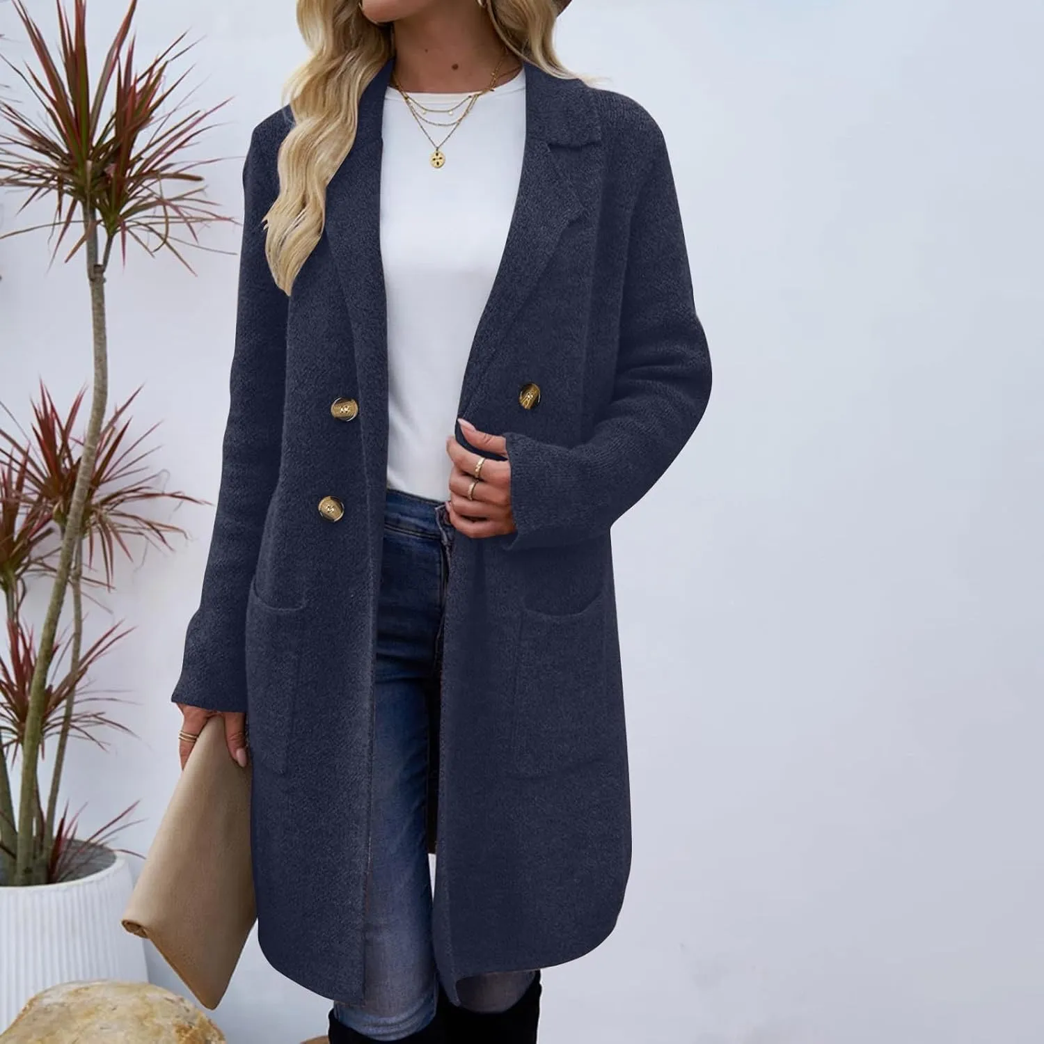 Coatigan for Women Wool Blend Pea Coats Double Breasted Oversized Blazer Knit Open Front Cardigan Sweater with Pocket
