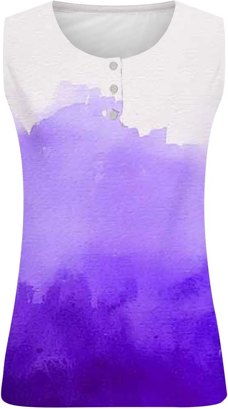 Color Block Tank Tops for Women Summer Plus Size Tanks Sleeveless Button Henley Shirts Casual Loose Fit Tunic Blouses