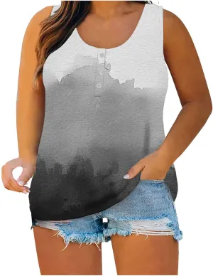 Color Block Tank Tops for Women Summer Plus Size Tanks Sleeveless Button Henley Shirts Casual Loose Fit Tunic Blouses
