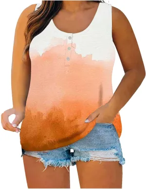 Color Block Tank Tops for Women Summer Plus Size Tanks Sleeveless Button Henley Shirts Casual Loose Fit Tunic Blouses