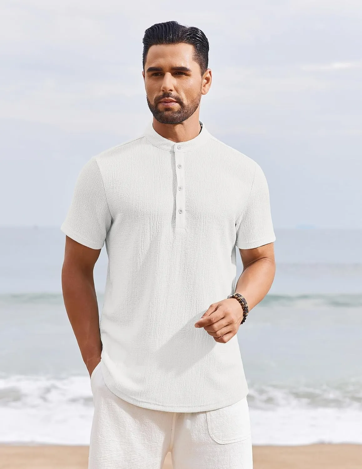 COOFANDY Men's Henley Shirt Short Sleeve Stand Collar Summer Casual Beach Hippie T-Shirts