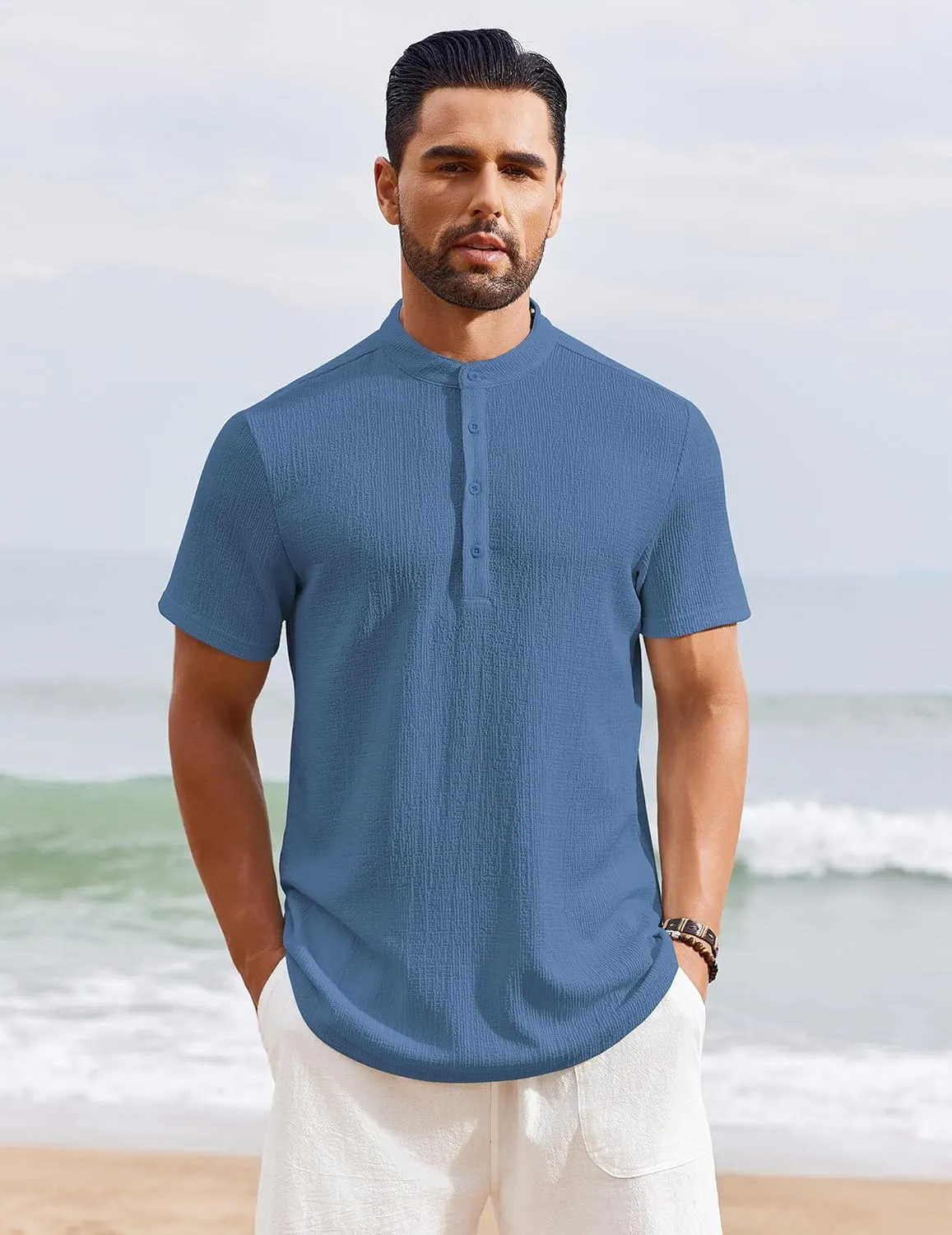 COOFANDY Men's Henley Shirt Short Sleeve Stand Collar Summer Casual Beach Hippie T-Shirts
