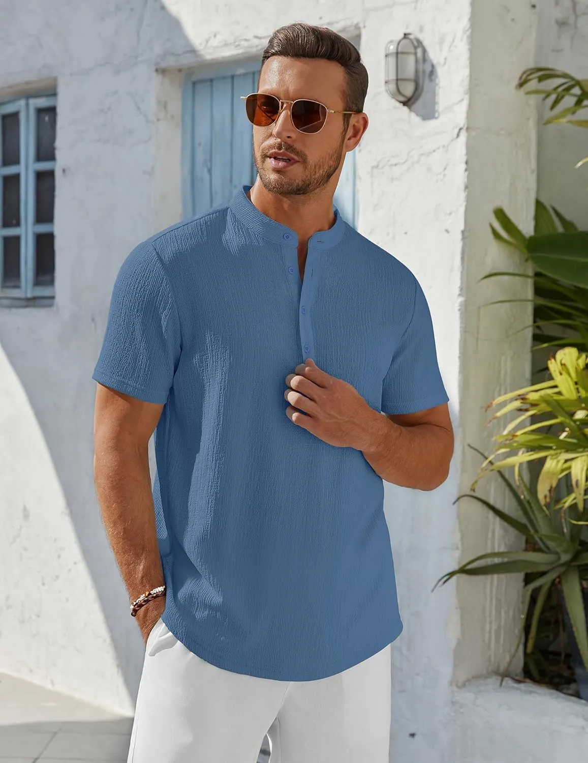 COOFANDY Men's Henley Shirt Short Sleeve Stand Collar Summer Casual Beach Hippie T-Shirts