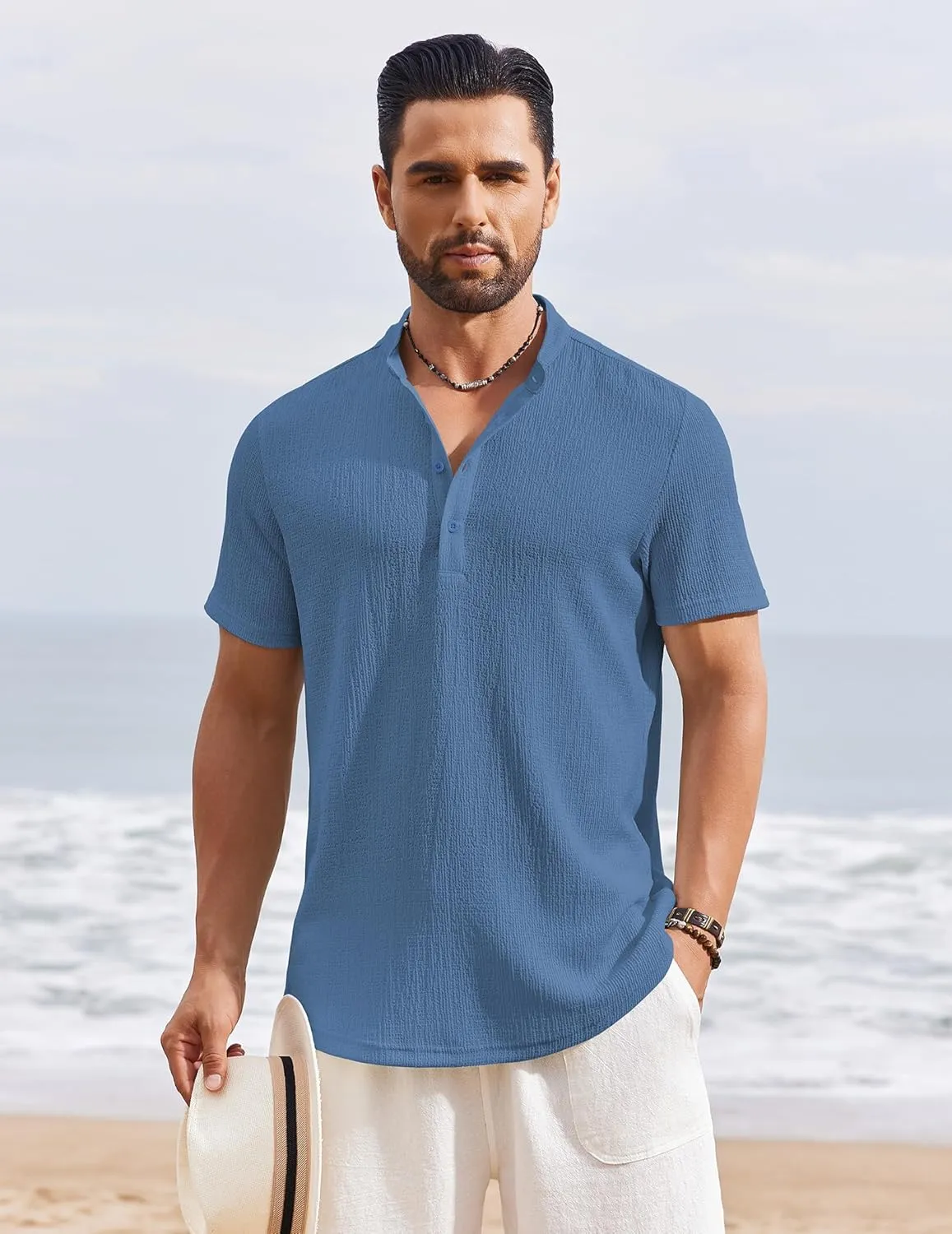 COOFANDY Men's Henley Shirt Short Sleeve Stand Collar Summer Casual Beach Hippie T-Shirts