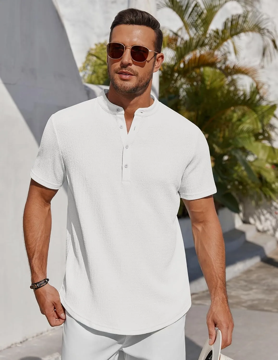 COOFANDY Men's Henley Shirt Short Sleeve Stand Collar Summer Casual Beach Hippie T-Shirts