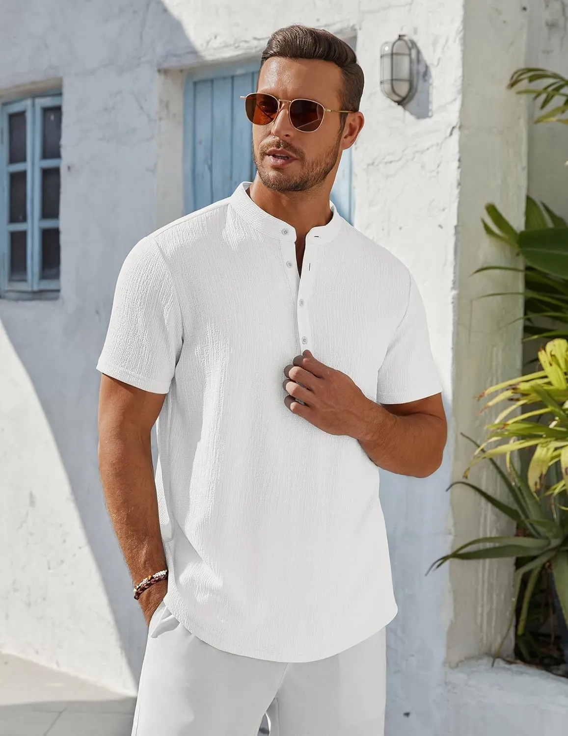 COOFANDY Men's Henley Shirt Short Sleeve Stand Collar Summer Casual Beach Hippie T-Shirts