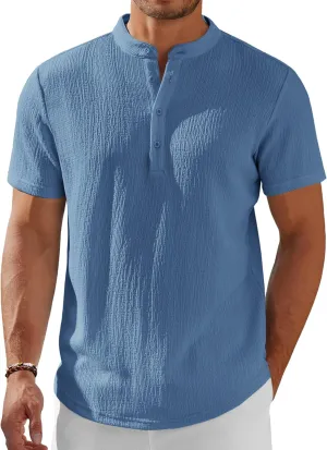 COOFANDY Men's Henley Shirt Short Sleeve Stand Collar Summer Casual Beach Hippie T-Shirts