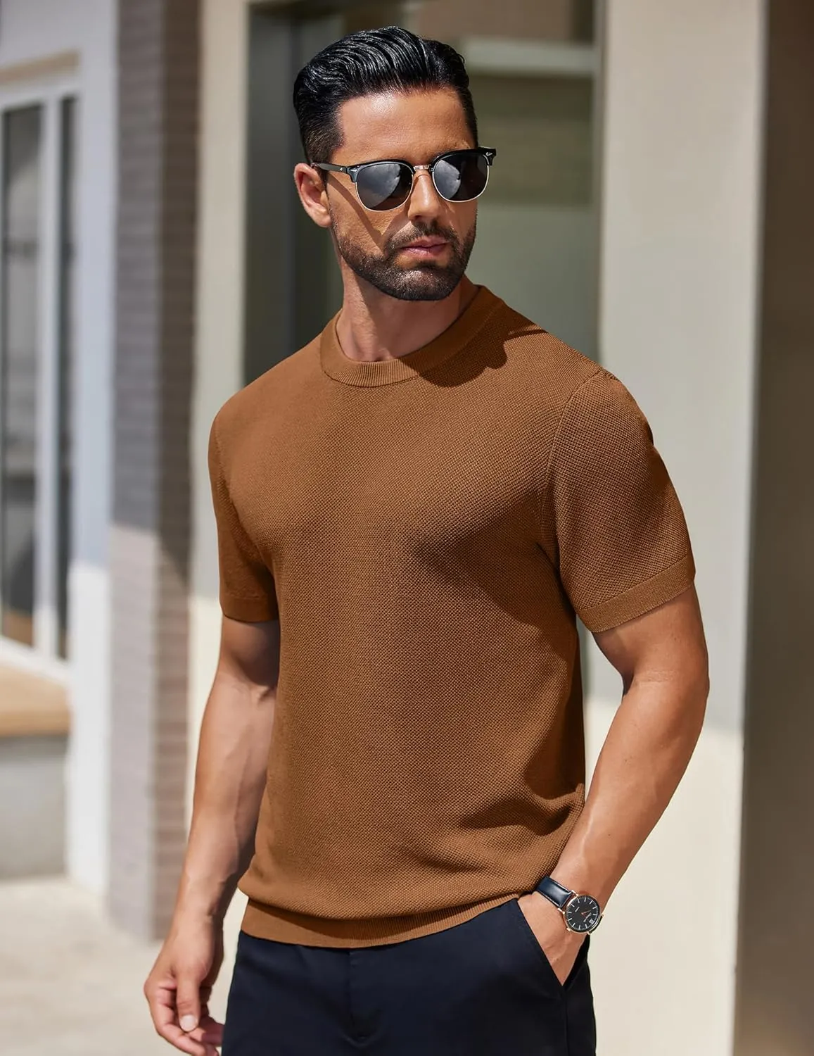 COOFANDY Men's Knit T-Shirts Short Sleeve Crewneck Shirt Casual Textured Pullover Tees