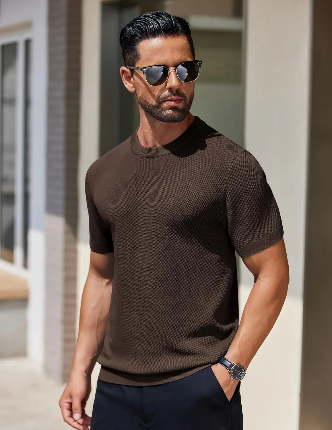 COOFANDY Men's Knit T-Shirts Short Sleeve Crewneck Shirt Casual Textured Pullover Tees