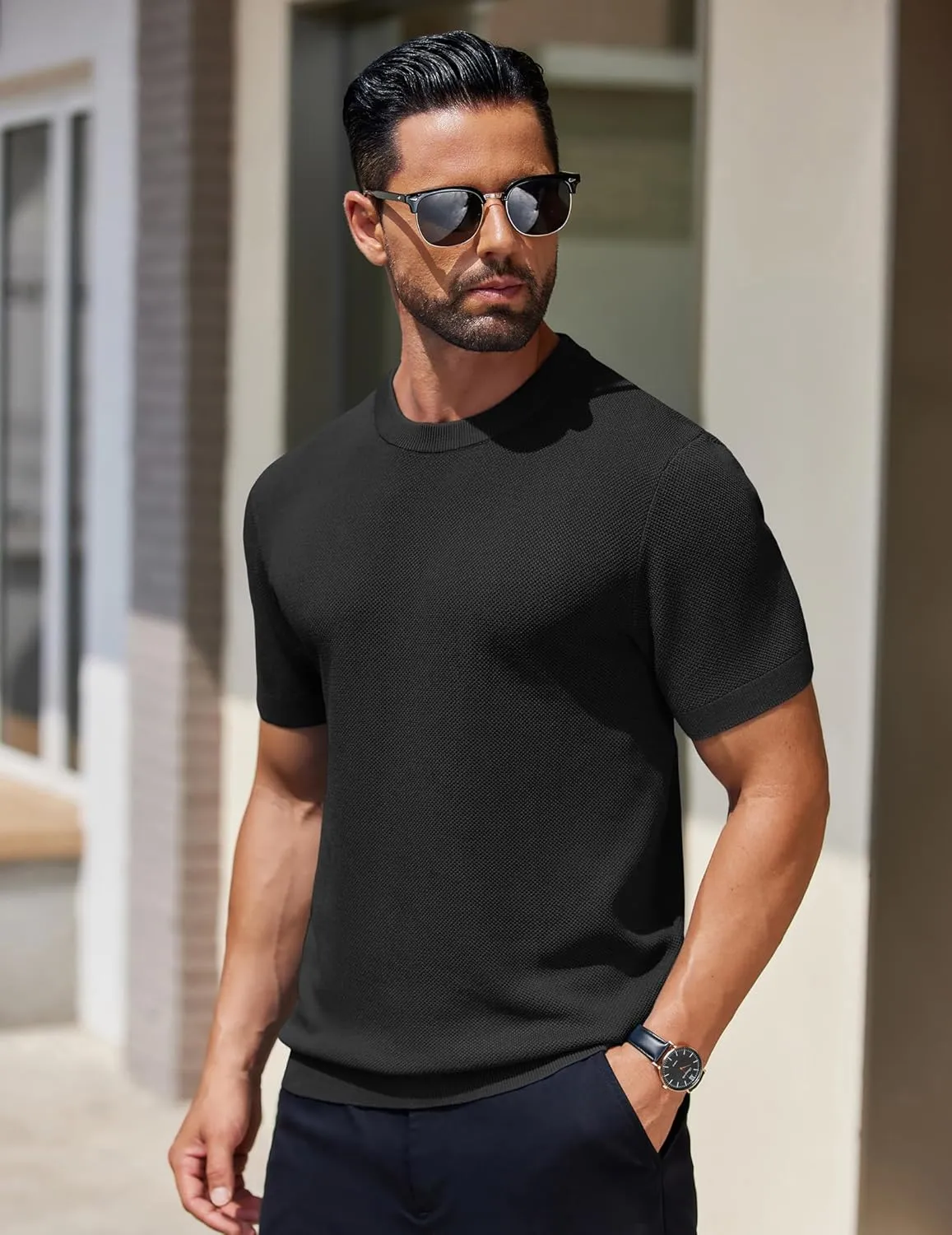 COOFANDY Men's Knit T-Shirts Short Sleeve Crewneck Shirt Casual Textured Pullover Tees