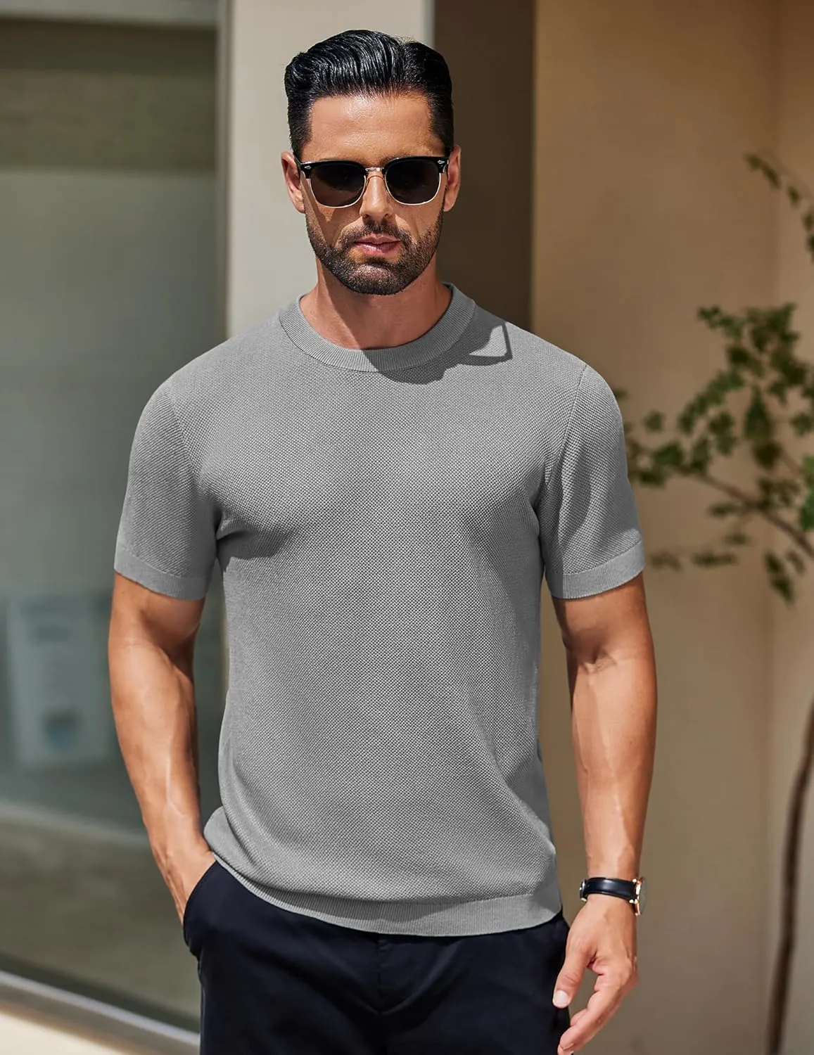 COOFANDY Men's Knit T-Shirts Short Sleeve Crewneck Shirt Casual Textured Pullover Tees
