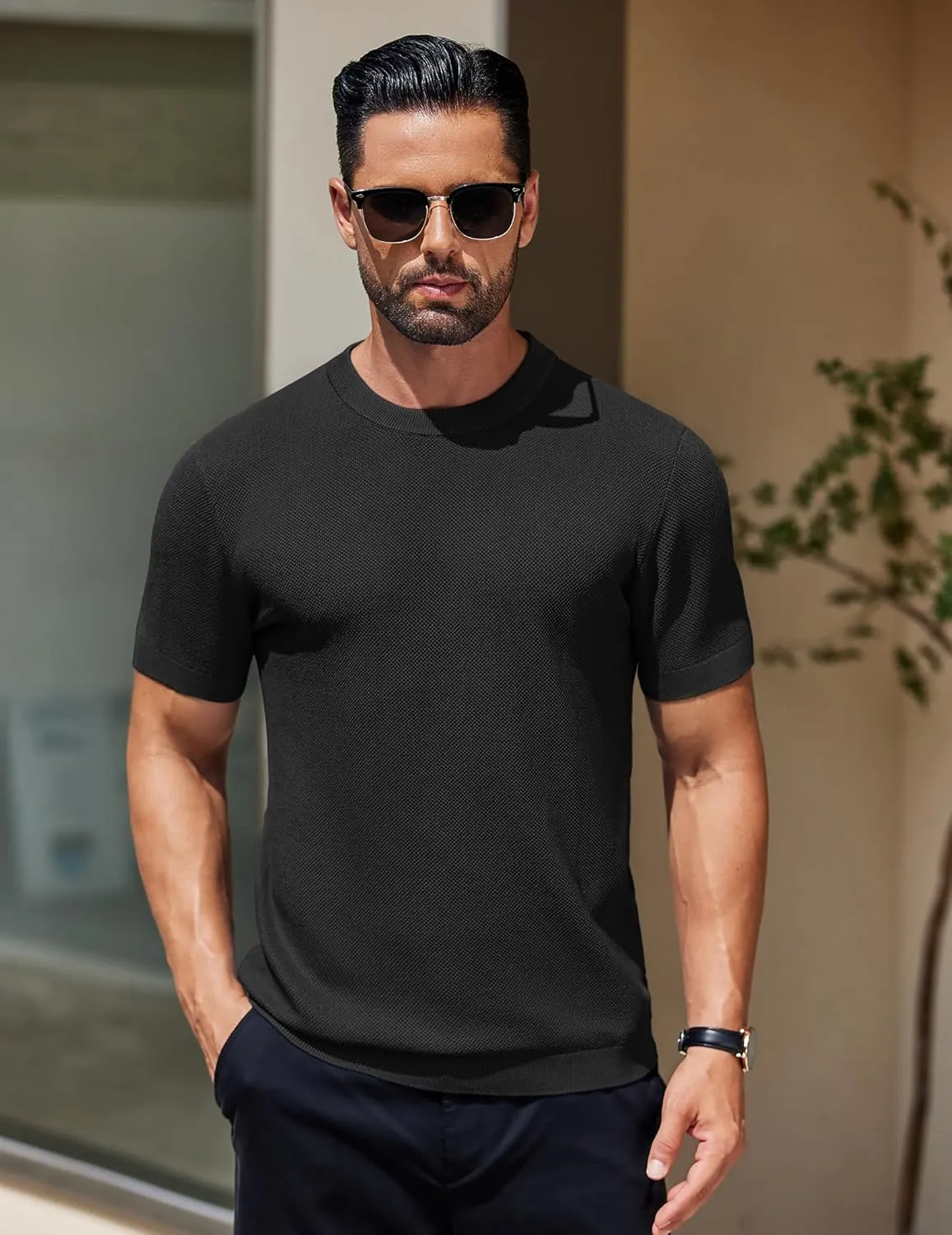 COOFANDY Men's Knit T-Shirts Short Sleeve Crewneck Shirt Casual Textured Pullover Tees