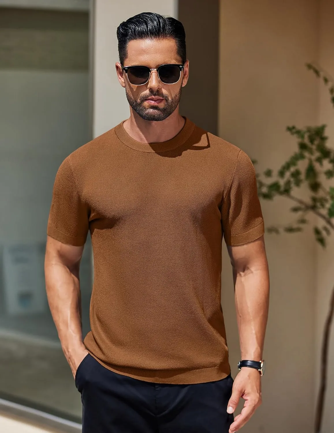 COOFANDY Men's Knit T-Shirts Short Sleeve Crewneck Shirt Casual Textured Pullover Tees
