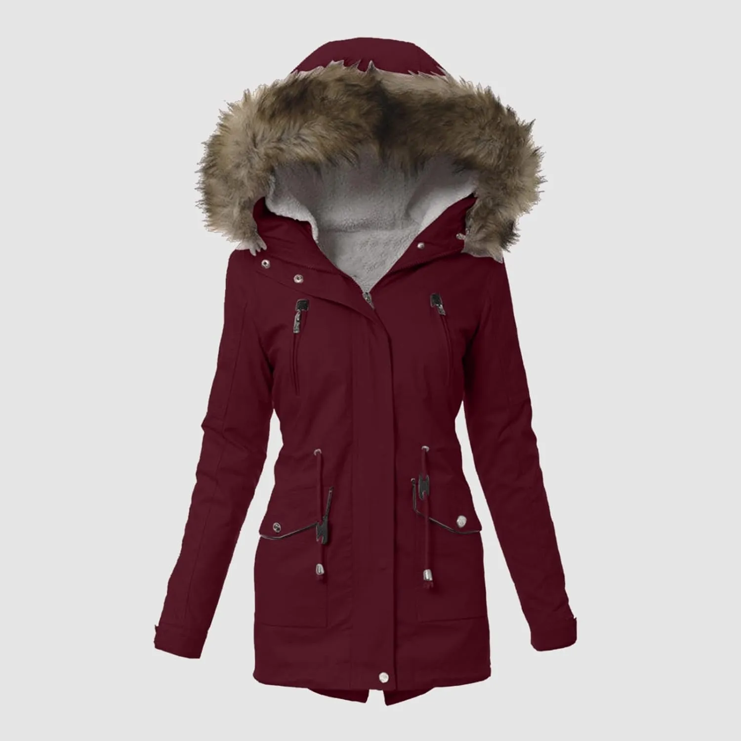 cooki Winter Coats for Women 2023 Trendy Women's Winter Sherpa Lined Faux Fur Hooded Mid Long Safari Parka Coat Puffer Jacket