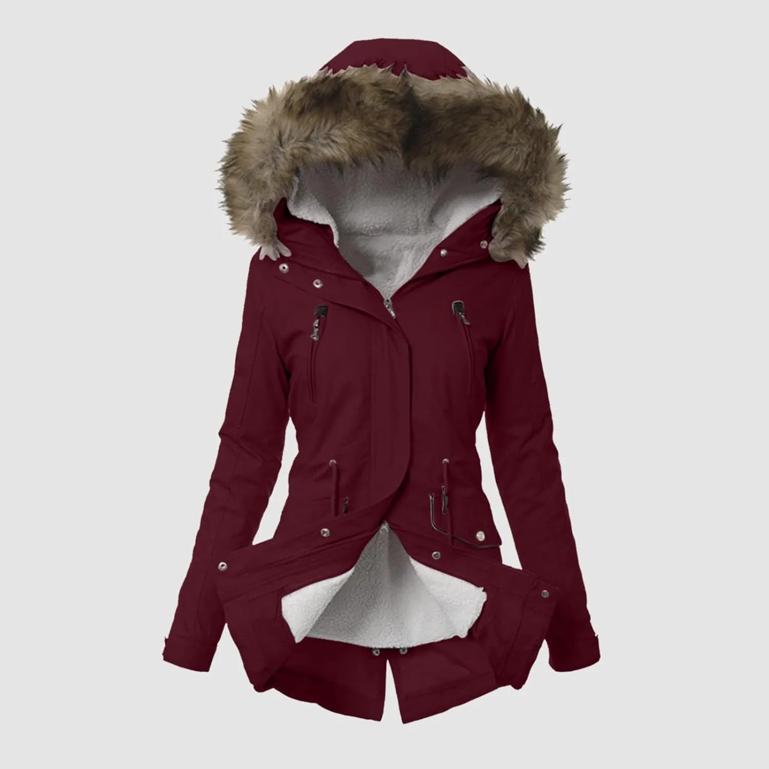 cooki Winter Coats for Women 2023 Trendy Women's Winter Sherpa Lined Faux Fur Hooded Mid Long Safari Parka Coat Puffer Jacket