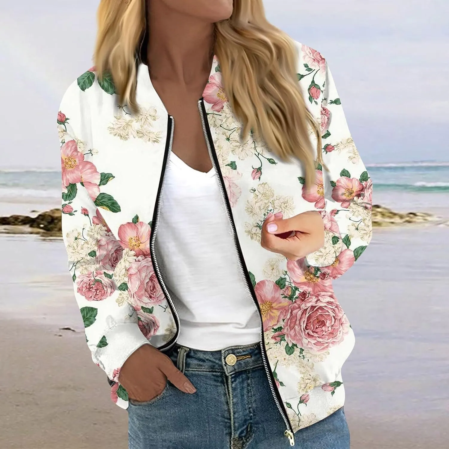 COTECRAM Bomber Jacket Women 2024 Causal Floral Zip Up Coats Long Sleeve Stand Collar Fall Jackets Lightweight Outerwear Tops