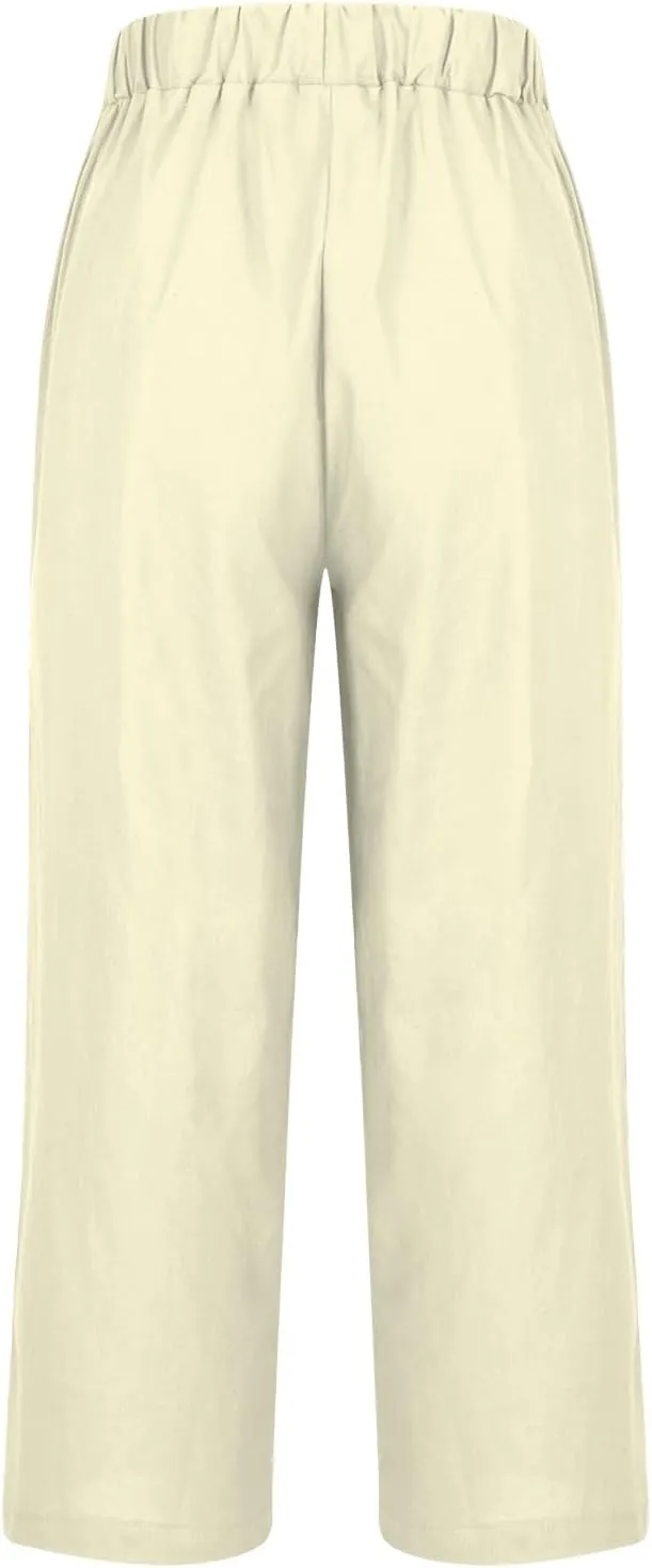Cotton Linen Pants Women Summer Elastic Waist Crop Pants Plus Size Straight Leg Slack Casual Ankle Trouser with Pocket