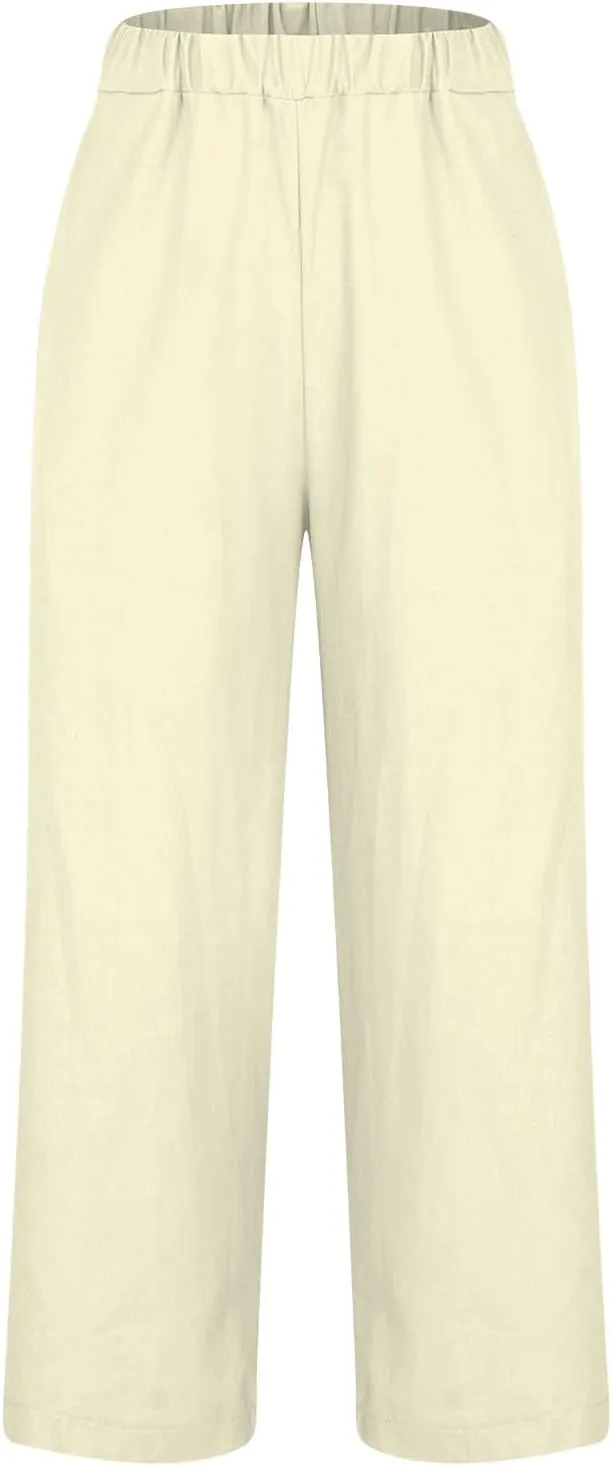 Cotton Linen Pants Women Summer Elastic Waist Crop Pants Plus Size Straight Leg Slack Casual Ankle Trouser with Pocket