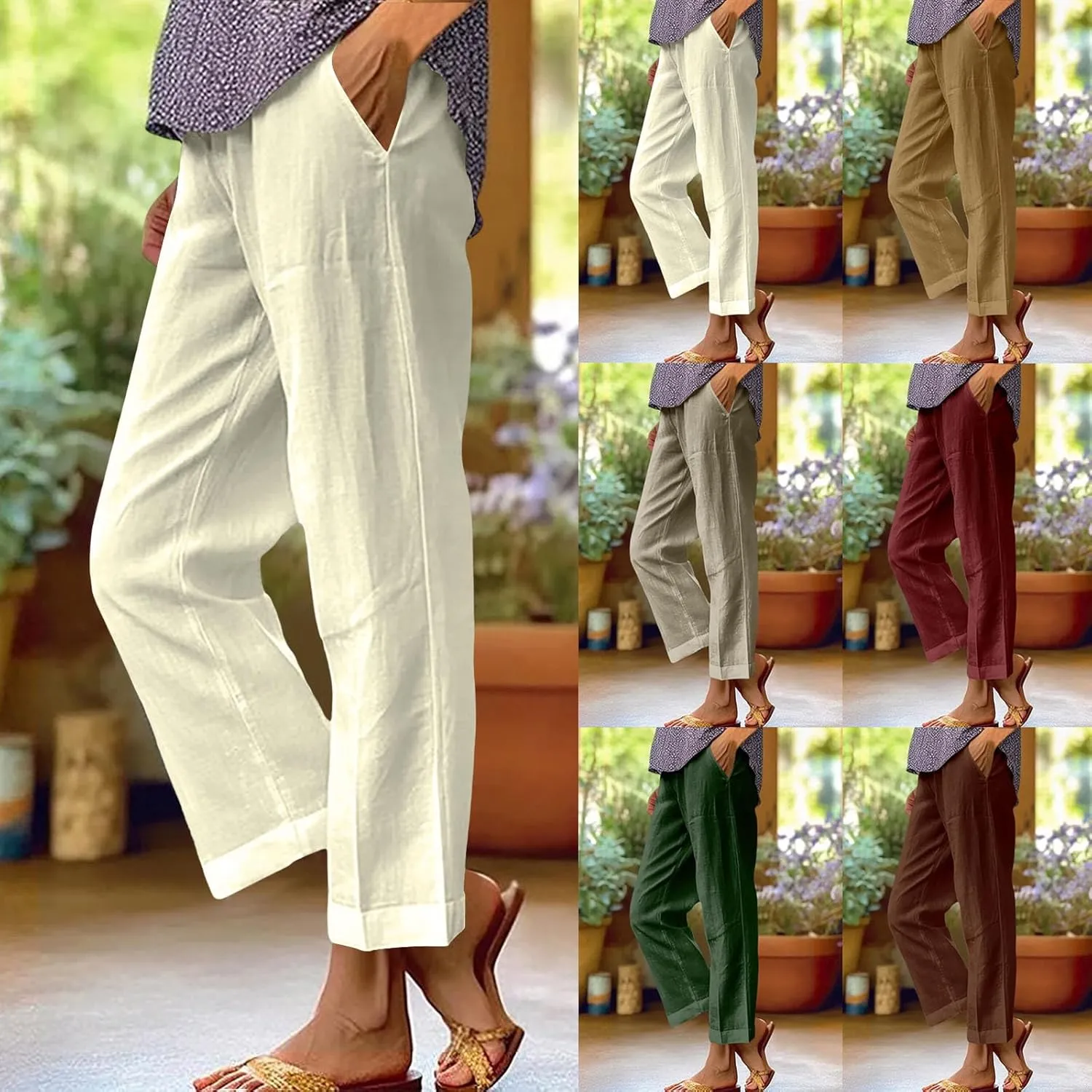 Cotton Linen Pants Women Summer Elastic Waist Crop Pants Plus Size Straight Leg Slack Casual Ankle Trouser with Pocket