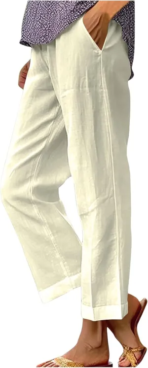 Cotton Linen Pants Women Summer Elastic Waist Crop Pants Plus Size Straight Leg Slack Casual Ankle Trouser with Pocket