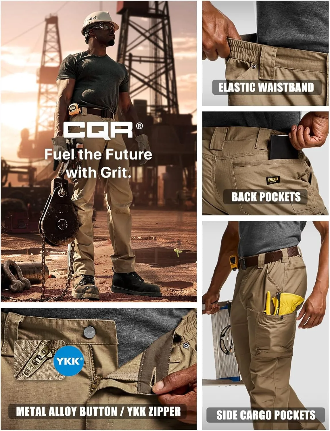 CQR Men's Quick Dry Work Pants, Water Resistant Outdoor Tactical Pants, Lightweight Stretch Cargo Hiking Pants