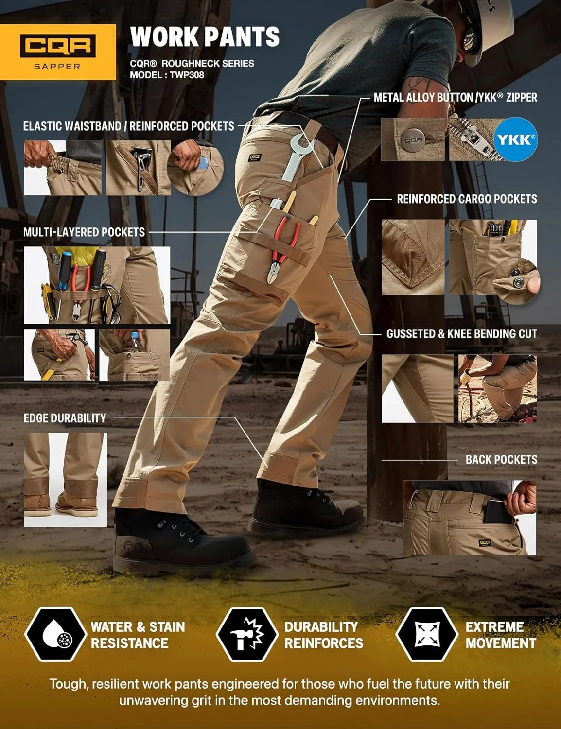 CQR Men's Quick Dry Work Pants, Water Resistant Outdoor Tactical Pants, Lightweight Stretch Cargo Hiking Pants