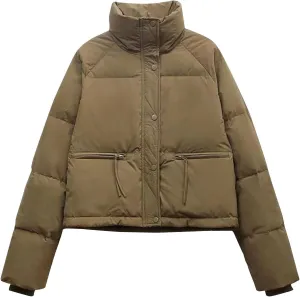 Cropped Puffer Down Jackets Women Lightweight Quilted Jackets Long Sleeve Zip Up Warm Coats Outwear Outdoor
