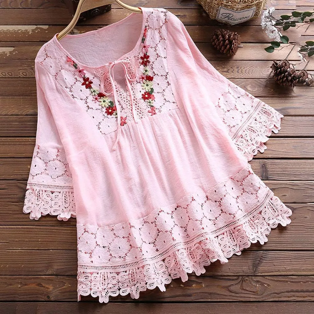 Dgoopd 3/4 Length Sleeve Womens Tops Oversized Cotton Tee Shirts Embroidered Floral Lace V Neck T-Shirt Summer Trendy Blouses