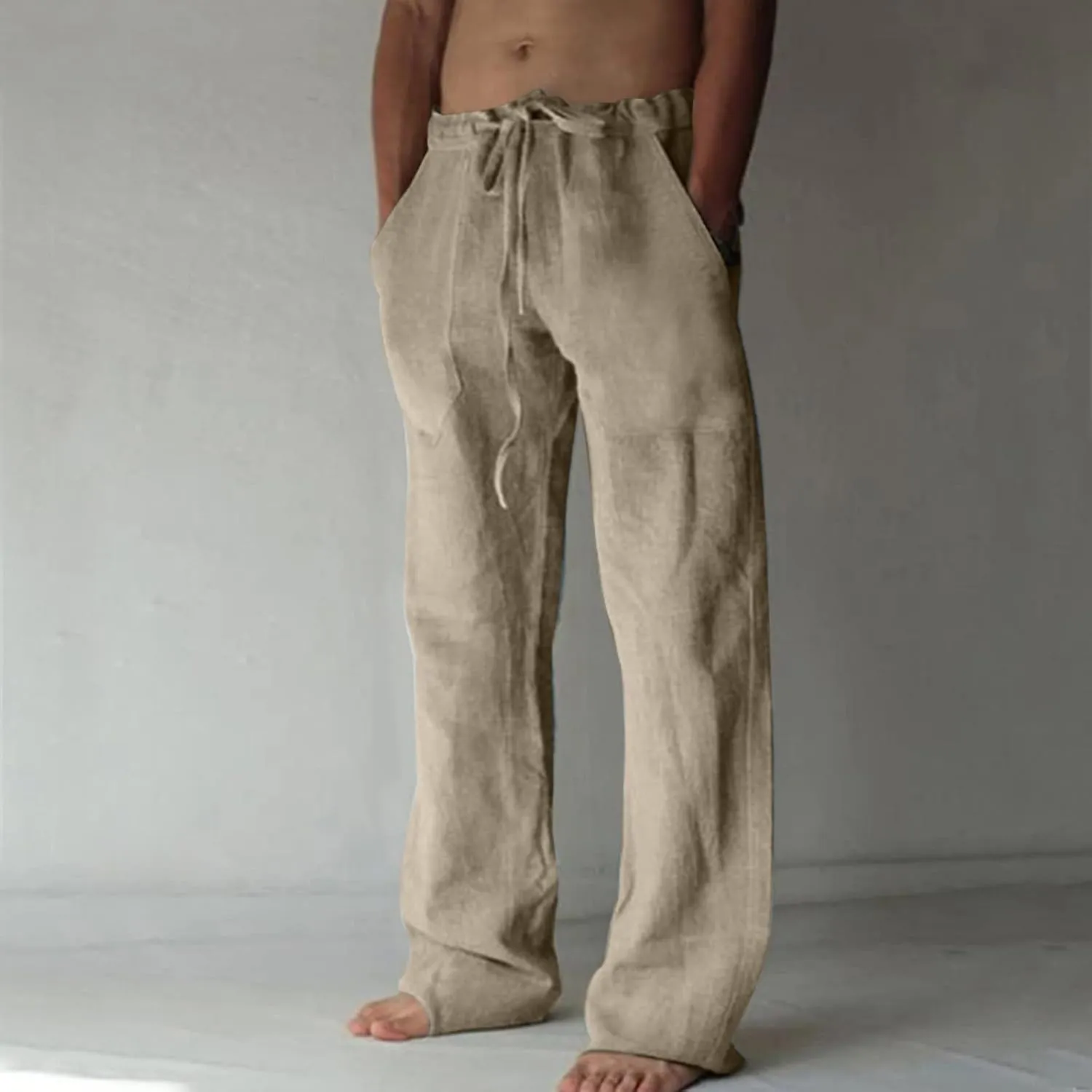 Dgoopd Men's Cotton Linen Pants Casual Elastic Waist Drawstring Pants Straight Leg Yoga Pants Lightweight Summer Beach Pants