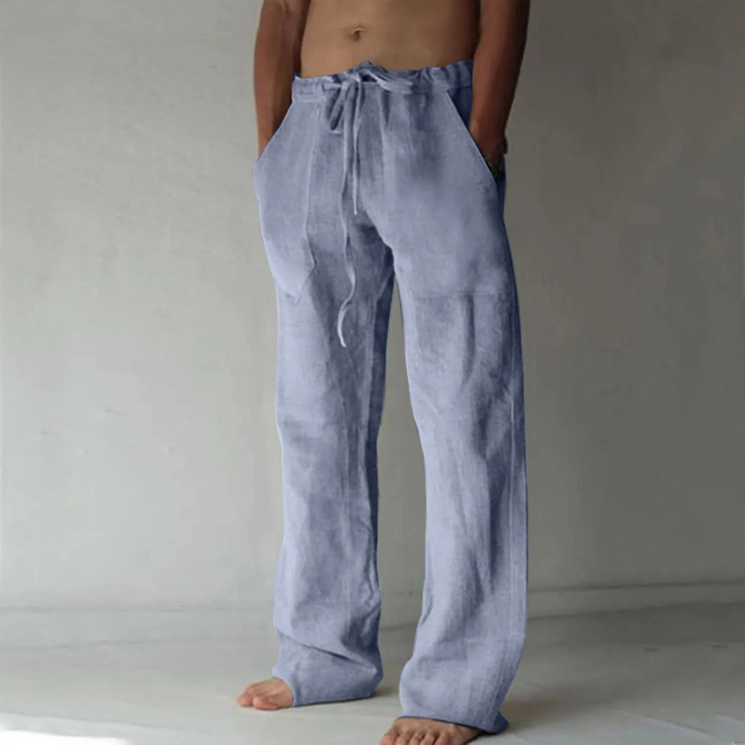 Dgoopd Men's Cotton Linen Pants Casual Elastic Waist Drawstring Pants Straight Leg Yoga Pants Lightweight Summer Beach Pants