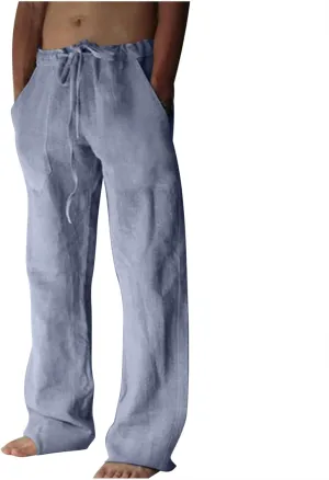 Dgoopd Men's Cotton Linen Pants Casual Elastic Waist Drawstring Pants Straight Leg Yoga Pants Lightweight Summer Beach Pants