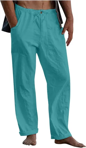 Dudubaby Mens Drawstring Pants Men's Casual Loose and Comfortable Casual Pants Cotton Linen Printed Drawstring Trousers