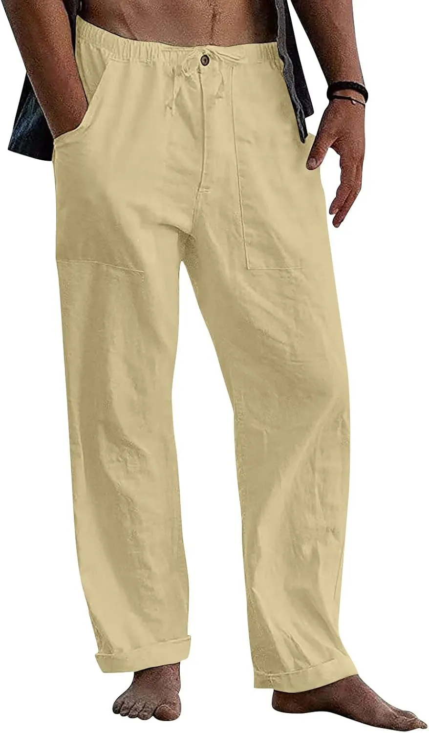 Dudubaby Mens Drawstring Pants Men's Casual Loose and Comfortable Casual Pants Cotton Linen Printed Drawstring Trousers