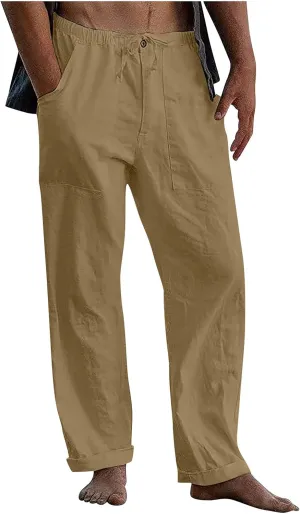 Dudubaby Mens Drawstring Pants Men's Casual Loose and Comfortable Casual Pants Cotton Linen Printed Drawstring Trousers