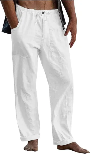 Dudubaby Mens Drawstring Pants Men's Casual Loose and Comfortable Casual Pants Cotton Linen Printed Drawstring Trousers