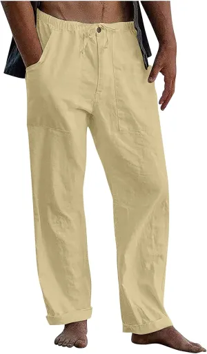 Dudubaby Mens Drawstring Pants Men's Casual Loose and Comfortable Casual Pants Cotton Linen Printed Drawstring Trousers
