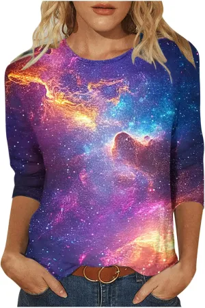 Elbow Sleeve Oversized Tshirt Shirts for Women Gradient Crew Neck Casual Pullover Printed Graphic Tee Top Tunic S-3XL