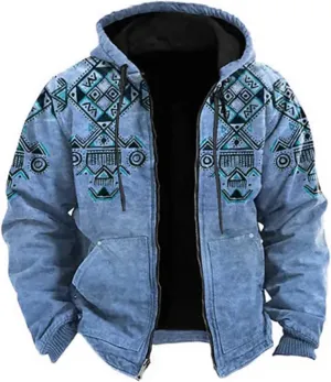 Fleece Jacket Men Vintage Aztec Ethnic Print Zipper Hoodie Plus Size Western Warm Heavyweight Sherpa Lined Coat
