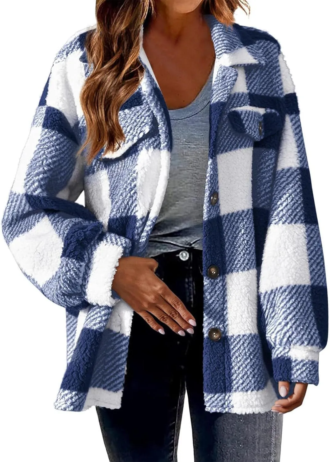 Fleece Jacket Women Fuzzy Flannel Jacket Fall Fashion Sherpa Lined Plaid Shacket Jacket Button Down Fleece Jacket Coat