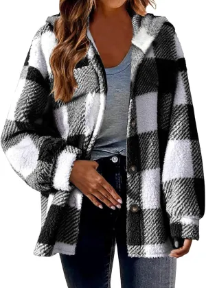 Fleece Jacket Women Fuzzy Flannel Jacket Fall Fashion Sherpa Lined Plaid Shacket Jacket Button Down Fleece Jacket Coat