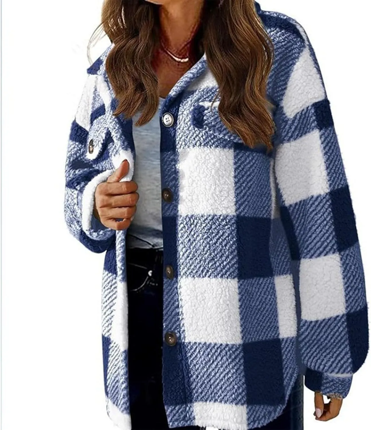 Fleece Jacket Women Fuzzy Flannel Jacket Fall Fashion Sherpa Lined Plaid Shacket Jacket Button Down Fleece Jacket Coat