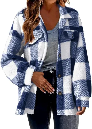 Fleece Jacket Women Fuzzy Flannel Jacket Fall Fashion Sherpa Lined Plaid Shacket Jacket Button Down Fleece Jacket Coat