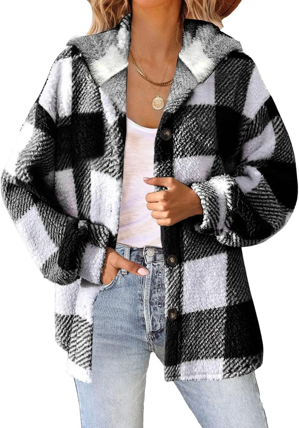 Fleece Jacket Women Fuzzy Flannel Jacket Fall Fashion Sherpa Lined Plaid Shacket Jacket Button Down Fleece Jacket Coat