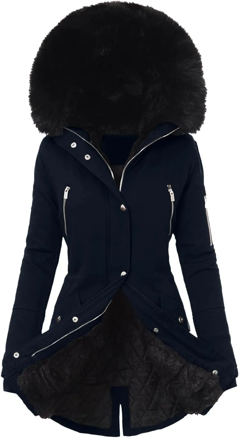 Fleece Jacket Women Long Sleeve Sherpa Hooded Winter Coats Regular Fit Thickened Plus Size Button Down Warm Jackets