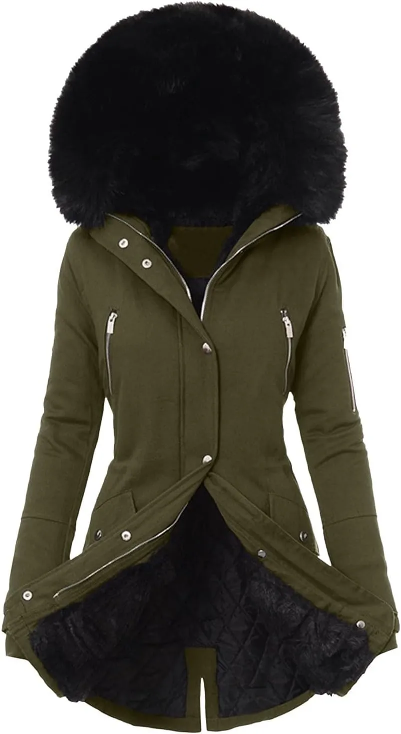 Fleece Jacket Women Long Sleeve Sherpa Hooded Winter Coats Regular Fit Thickened Plus Size Button Down Warm Jackets